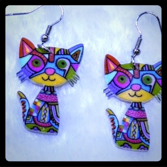 Cat Acrylic Kitten Colorful Earrings - Picture 4 of 4
